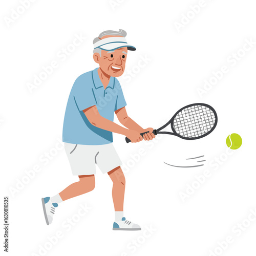 Vector illustration of senior man playing tennis on white background