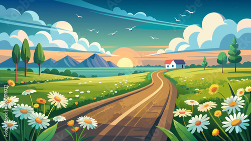 Daisies bloom beside the quiet lanes. Distant farms rest under soft clouds. Birds circle above meadows. Asphalt gleams faintly, untouched by traffic—framing perfect solitude in endless natural harmony