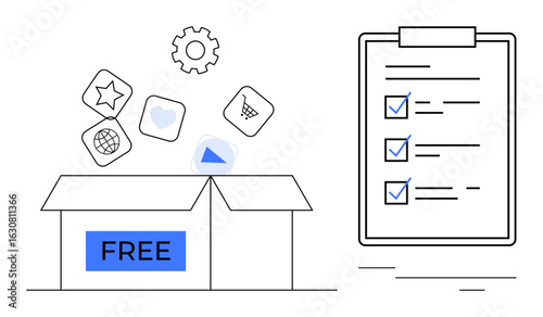 Open box labeled free releasing app icons thumbs up heart, star, cart, gear with clipboard checklist. Ideal for sharing resources, exploration, organization, creativity, decision-making project