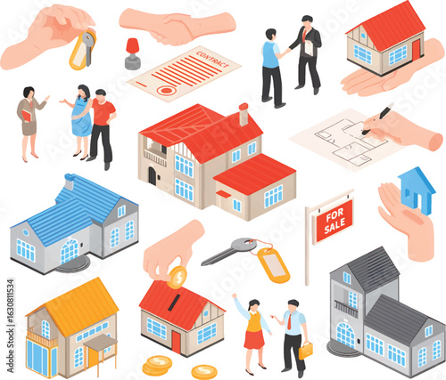 Houses, coins, sale, exchange, and tax icons for real estate agency


