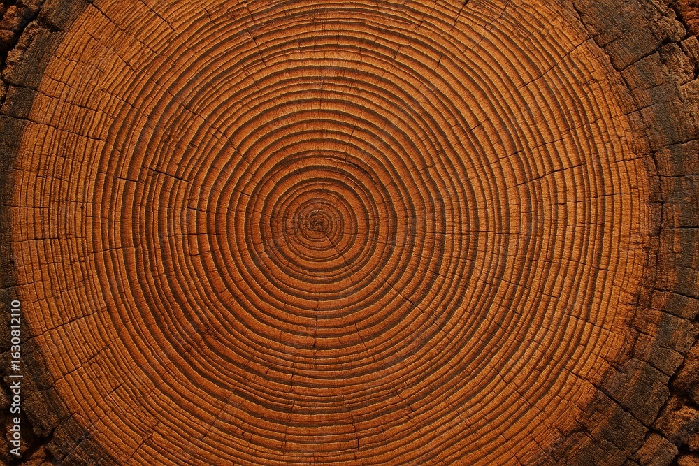 Naklejka premium Cross-section of ancient tree trunk revealing centuries of growth rings and natural history