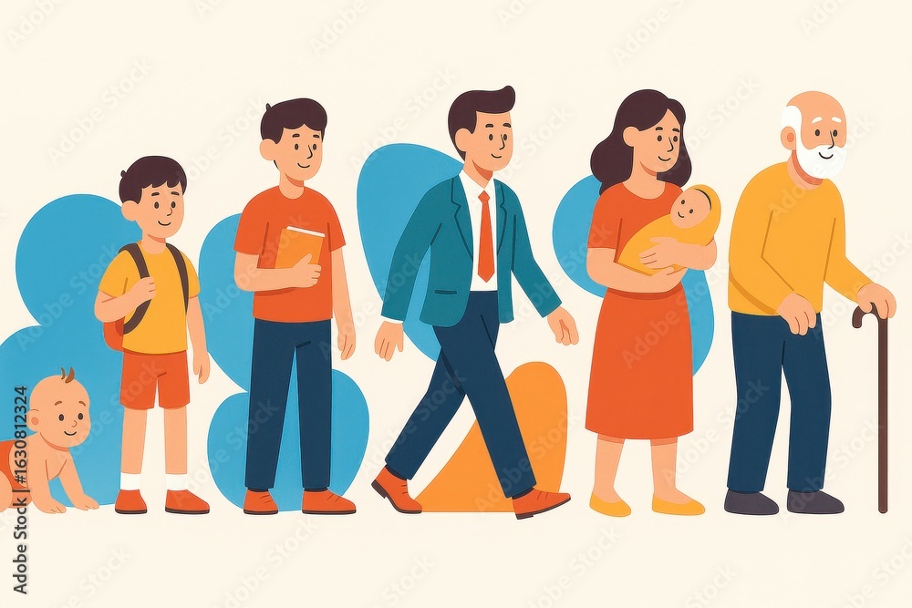 Fototapeta premium Human development lifecycle showcasing growth stages with modern flat design aesthetics
