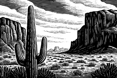 Desert landscape with tall saguaro cactus and rocky cliffs, black and white