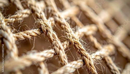 Detailed Macro Shot of Interwoven Beige Rope Netting With a Shallow Depth of Field