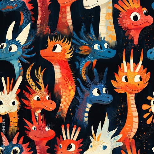A colorful painting of various types of dragons with different colored heads