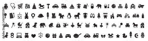 Set of kids toys in black silhouette icons, isolated on white background. concept of childhood, playful collection, toy designs, playtime fun, iconic shapes, children s graphic art