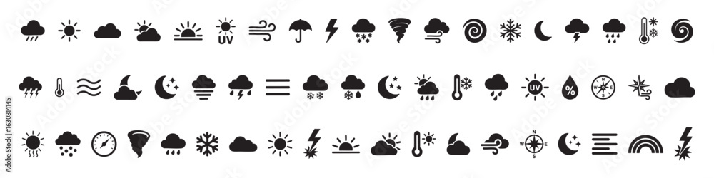Naklejka premium Set of Black silhouettes of various weather icons including sun, cloud, lightning, wind and other isolated on white background. concept of meteorology, climate symbols, illustration, collection