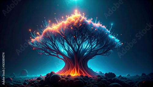 Glowing Tree with Abstract Light Display Rooted in Dark Soil with Cosmic Energy and Sparkles