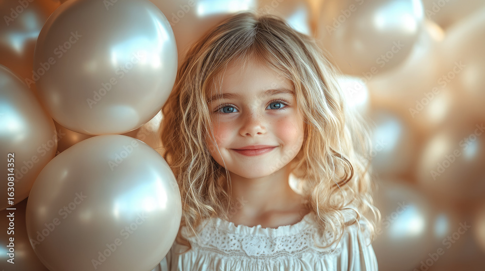 cute little smiling girl in fancy dress holding many white balloons on solid color background, kids birthday party, celebration, child, childhood, fun, event agency for children, party cute little smiling girl in fancy dress holding many white balloons on solid color background, kids birthday party, celebration, child, childhood, fun, event agency for children, party