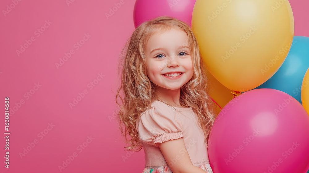 cute little smiling girl in fancy dress holding many balloons on solid color background, kids birthday party, celebration, child, childhood, fun, event agency for children, party cute little smiling girl in fancy dress holding many balloons on solid color background, kids birthday party, celebration, child, childhood, fun, event agency for children, party
