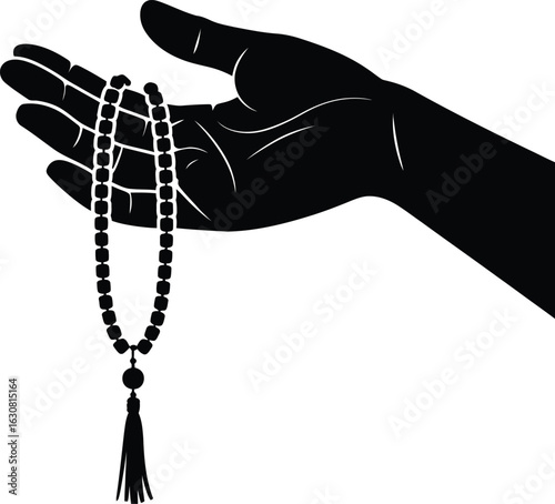 Black Silhouette Hand Holding Prayer Beads rosary