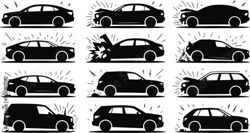 Car accident collision icons in silhouette crash impact