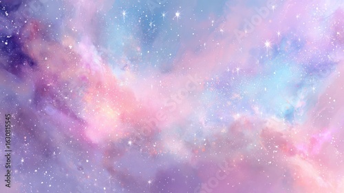 Dreamy, pastel galaxy with twinkling stars and colorful cloud-like formations