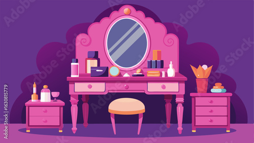A lavish vanity area complete with a mirrored dressing table plush velvet stool and a collection of highend makeup and beauty products.