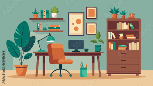 A home office with a sleek wooden desk a leather desk chair and shelves filled with potted plants and natural decor.