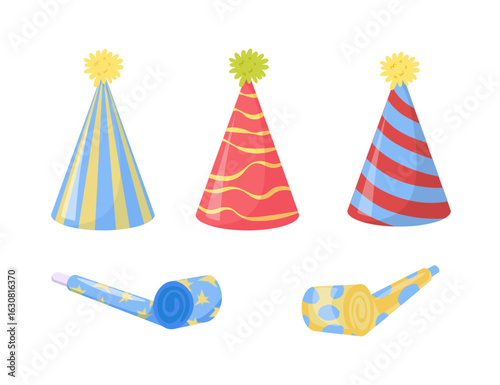 Birthday cones and blowers flat vector illustration. Party cone for celebrating, decorative hats for children and adults