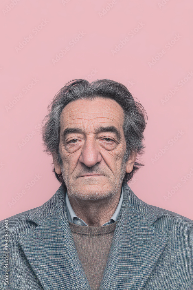 Obraz premium create photorealistic image focusing on elderly man with wise expression set against clean pastel background