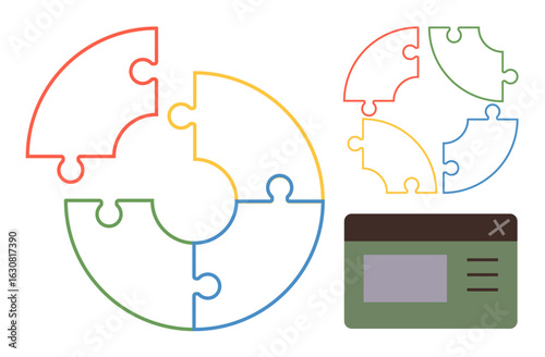 Circular puzzle split into four colorful interlocking segments beside a simple website interface layout. Ideal for teamwork, problem-solving, strategy, project management, education, innovation