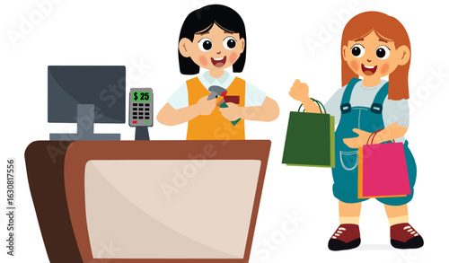 cute girl becomes a cashier at a shopping center. Cashier Worker Standing at Checkout Station