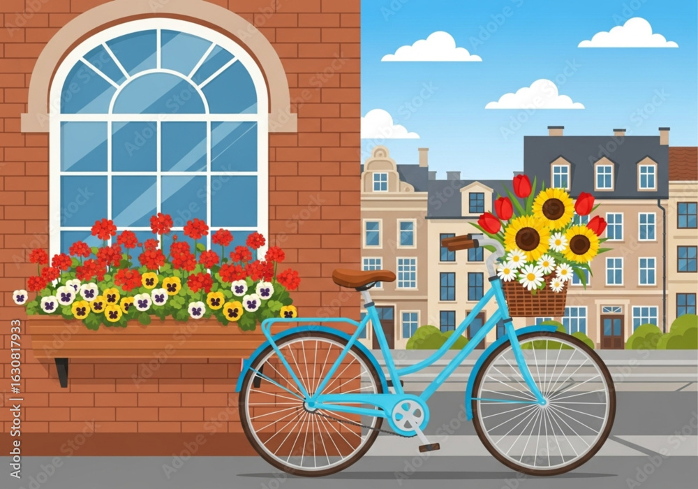 Fototapeta premium Bicycle Parked by Flower-Filled Window Box in Quaint Urban Neighborhood