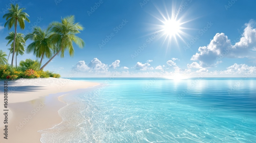 Fototapeta premium Tropical beach scene featuring clear turquoise waters, gentle waves lapping at the shore, vibrant palm trees swaying in the breeze, and a bright sun illuminating the serene landscape