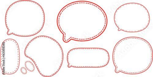 This is a collection of red-outlined speech bubbles.
The most prominent style features a double outline: a solid red line on the outside and a dashed red line on the inside.
