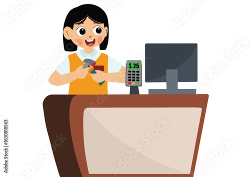 cute girl becomes a cashier at a shopping center. Cashier Worker Standing at Checkout Station