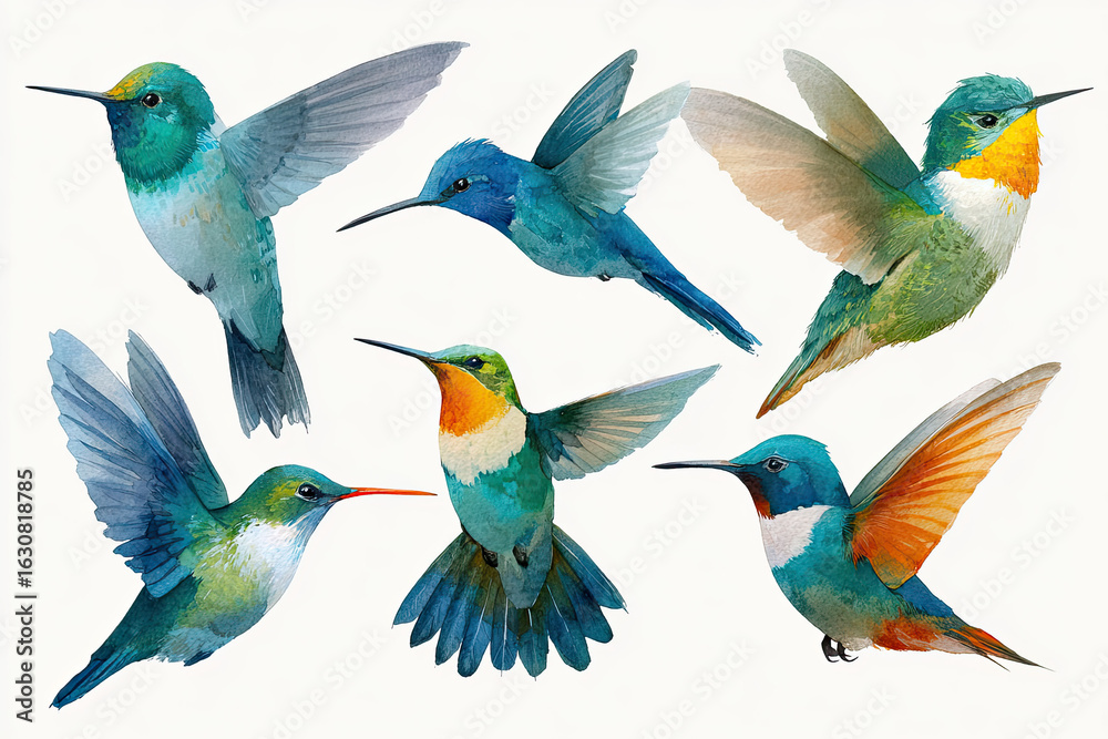 Obraz premium Colorful Hummingbirds – Watercolor Illustration of Birds in Flight