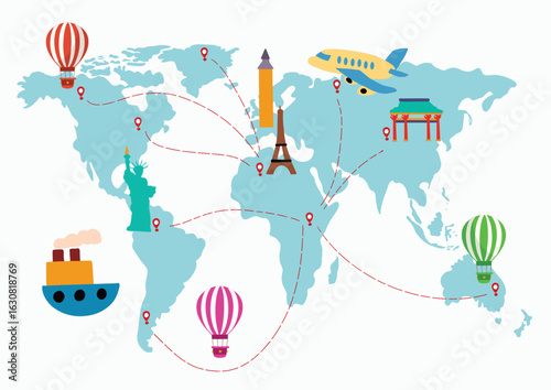 World map with sight landmarks. Global atlas for children, travel around planet. Continents of America, Australia, Africa, Europe, Asia, Antarctica. Vector illustration