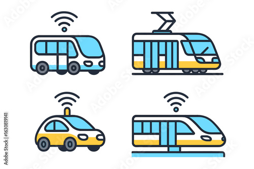 Innovative transportation icons showcasing smart public transit solutions and vehicles