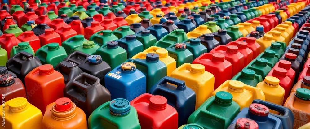 Fototapeta premium Neatly arranged rows of colorful plastic fuel canisters, colorful, fuel can