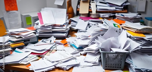 Organized desk amidst scattered papers & overflowing bin,  color,  grey
