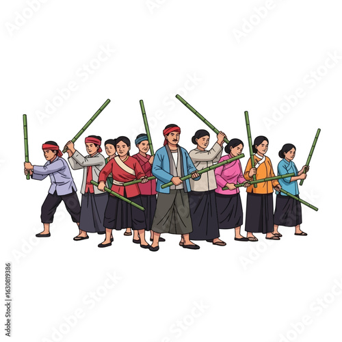 A group of people in traditional clothing, holding long poles, in a defensive or ceremonial pose.