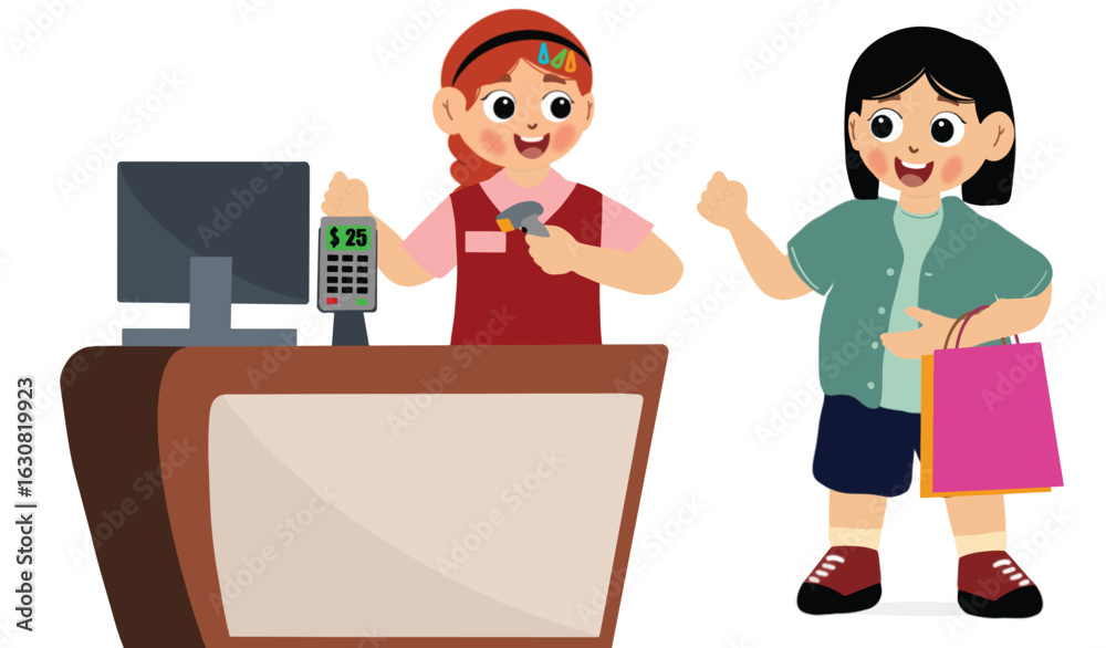 Obraz premium cute girl becomes a cashier at a shopping center. Cashier Worker Standing at Checkout Station