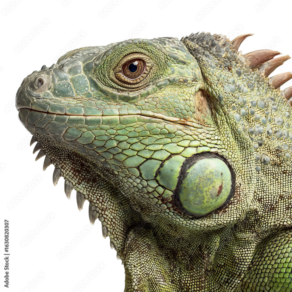 Fototapeta premium Png of Close-up of a vibrant green iguana showcasing intricate scales and unique features.