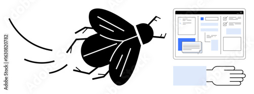 Large fly near a digital screen interface with interactive design elements and a reaching hand. Ideal for technology, interface design, debugging, software development, problem-solving, automation