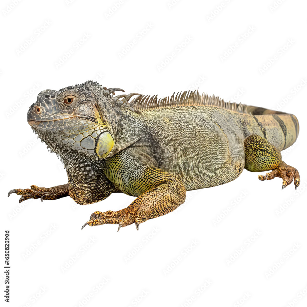 Fototapeta premium Png of A close-up of a green iguana basking in the sun, showcasing its vibrant scales and unique features.