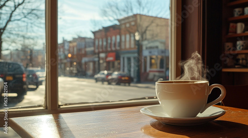 Fototapeta Naklejka Na Ścianę i Meble -  Steaming hot cup of coffee on a café table near a window looking outside onto a small town street activity