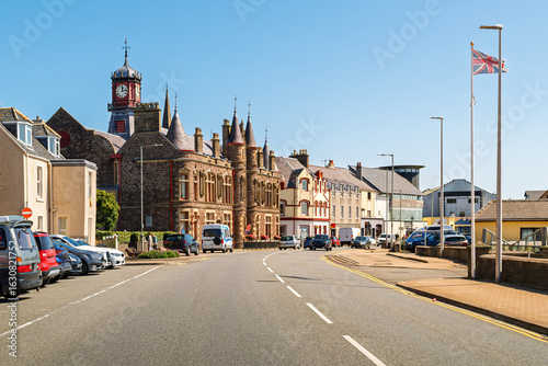 The Stornoway Town Hall building and clock tower along the main street facing the port and sea in Stornoway, Isle of Lewis, Scotland