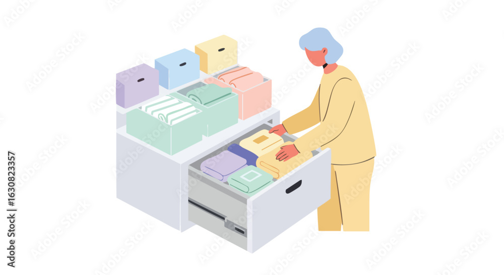 Illustration Vector of Person Folding Laundry with Isometric Drawer Design in Modern Style and Pastel Colors Illustration Vector of Person Folding Laundry with Isometric Drawer Design in Modern Style and Pastel Colors