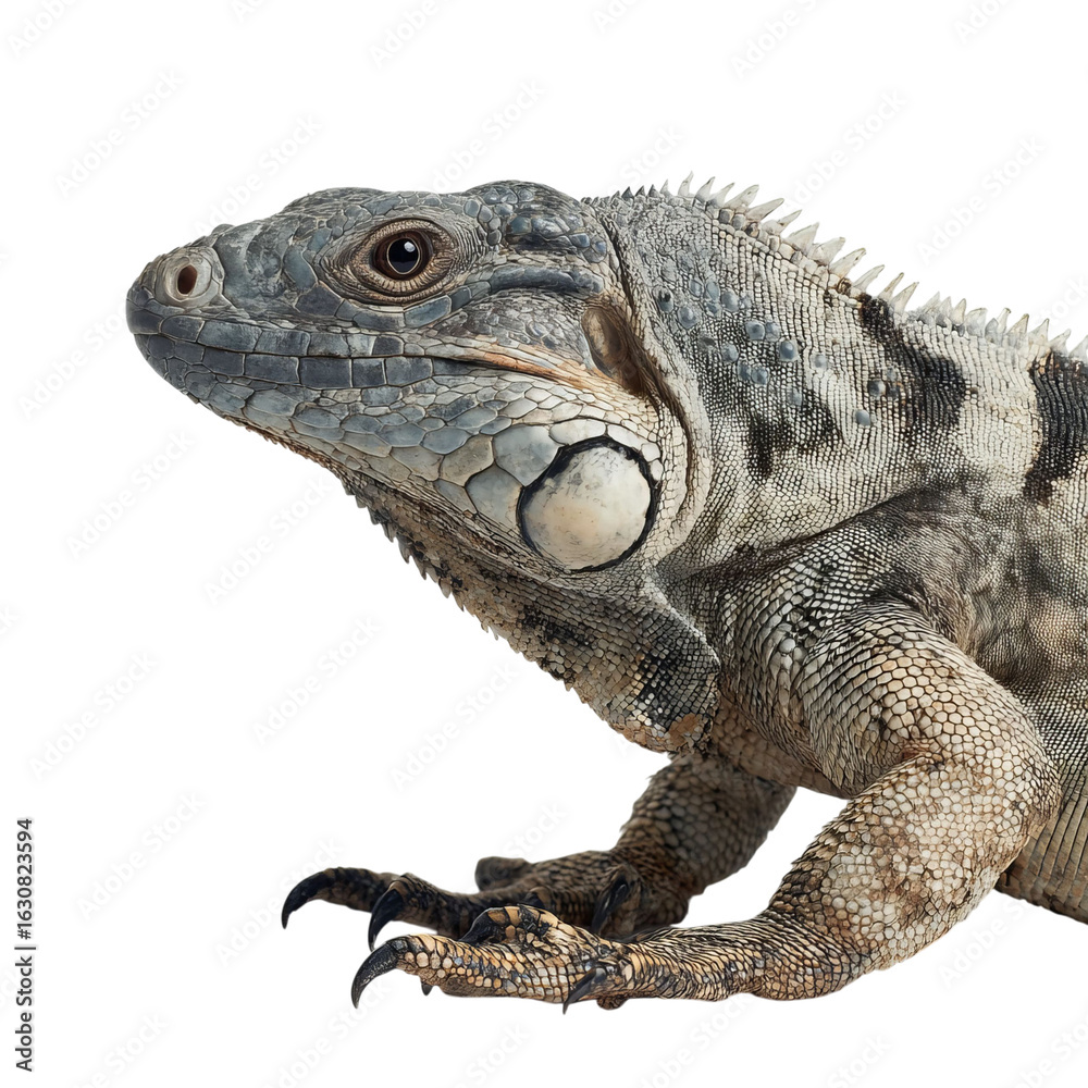 Obraz premium Png of Close-up of a majestic lizard showcasing intricate scales and vibrant textures against a clean background.