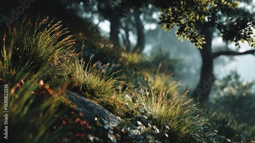 Lush Forest Floor with Delicate Grasses and Misty Backdrop in Natural Light