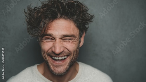 Authentic joy portrait of handsome man laughing with closed eyes carefree