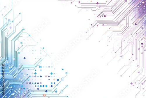 A white background with colorful circuit board lines representing technology and data The design includes digital connections and intricate patterns of blue and purple dots Generative AI