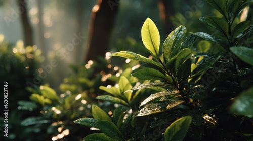Enchanting interplay of light and shadow on verdant leaves, a tranquil moment