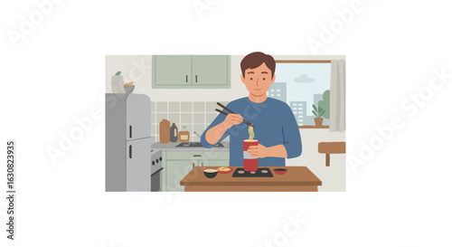 Vector Illustration of a Man Eating Noodles in Kitchen Modern Design