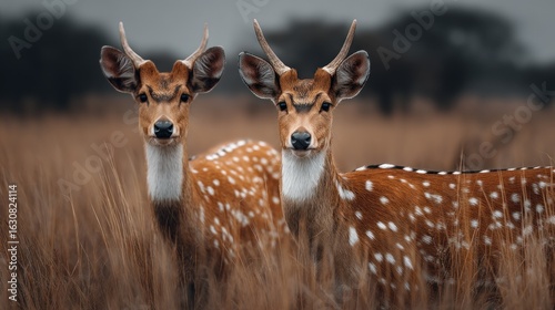 Two Spotted Deers Standing in Tall Grass Gaze Directly at the Camera