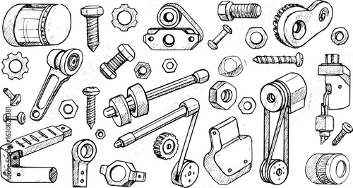 Detailed hand-drawn sketch collection of various mechanical parts and fasteners: bolts, screws, nuts, gears, pulleys, levers, and machine components on white background.