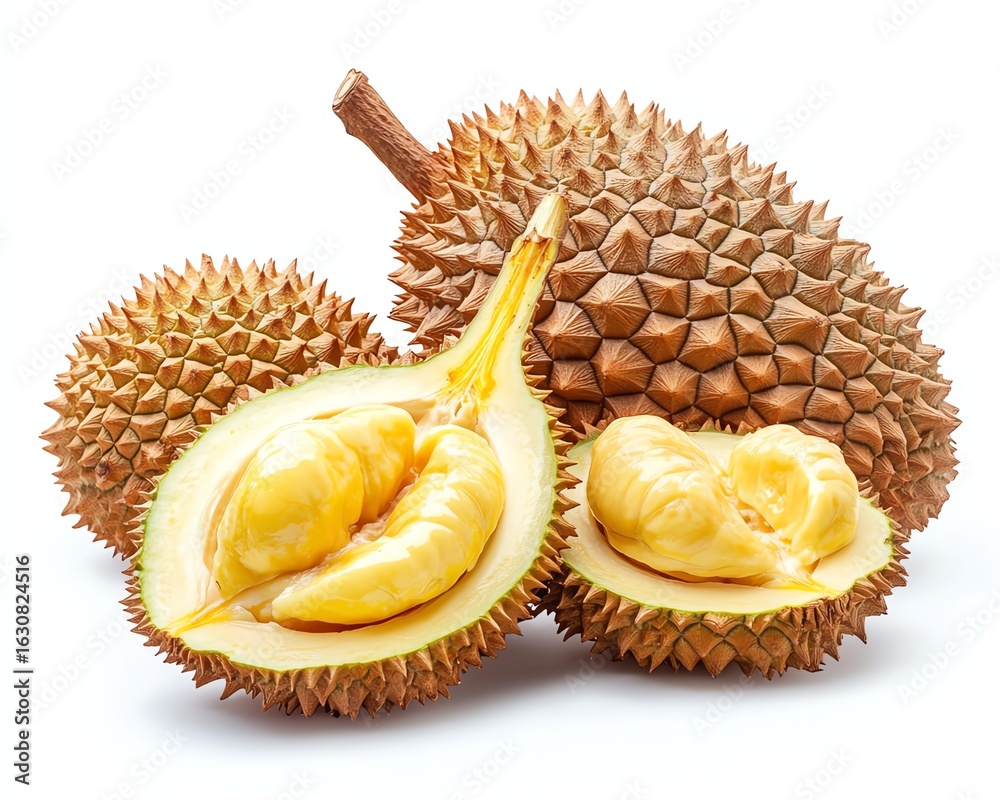Obraz premium durian fruit whole and sectioned with yellow creamy pulp, clean white background, sharp clarity, exotic fruit display