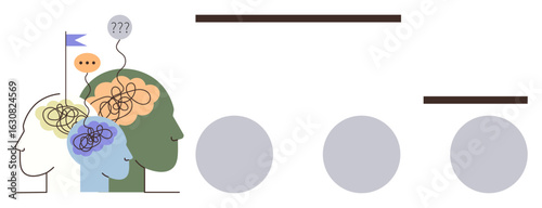 Overlapping profiles with tangled lines and speech bubbles symbolizing mental complexity, confusion, and thought processes. Ideal for psychology, mental health, problem-solving, teamwork